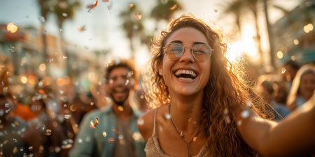 A joyful young woman with curly hair smiling widely during a lively celebration with bubblesの素材