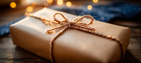 A beautifully wrapped gift box adorned with twine sitting on a wooden tableの素材