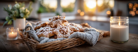 A cozy arrangement of homemade cookies beside a candle and flowers in a warm kitchenの素材
