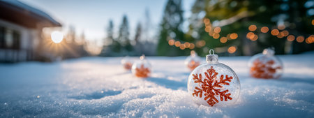 Clear snowflake ornaments resting on snow with a wintery backdrop and sunlight shiningの素材