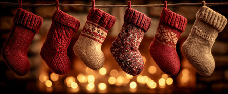 A row of beautifully knitted christmas stockings hanging above a warm fireplace glowの素材