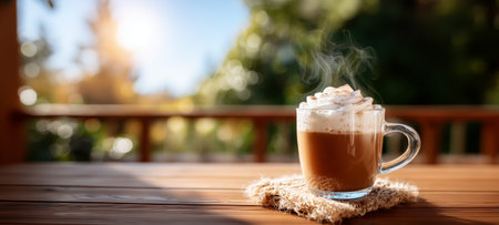 A steaming cup of coffee with whipped cream and cinnamon outdoors on a sunny dayの素材