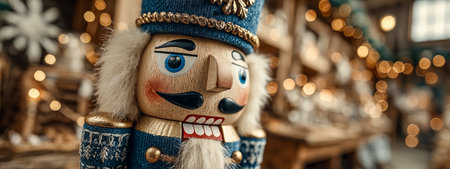 A close-up of a traditional wooden nutcracker figurine against a blurred festive background with warm lightsの素材