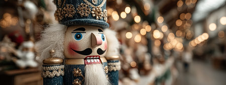 A detailed nutcracker decoration with vibrant colors and warm holiday lights in the backgroundの素材