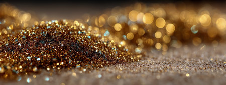 A close-up view of golden glitter reflecting light and creating a stunning visual sparkleの素材