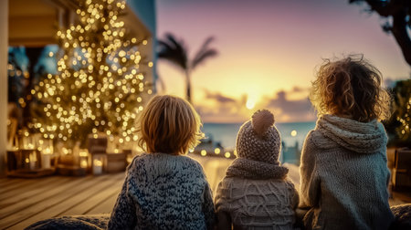 Three children enjoying a sunset view near a beautifully decorated Christmas treeの素材
