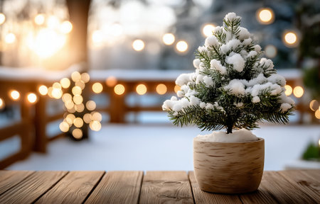 A snow-covered miniature christmas tree placed on a wooden table in a winter settingの素材