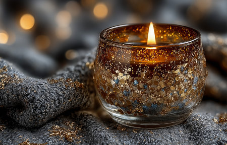 A glittery candle lit, placed on a cozy gray fabric surfaceの素材
