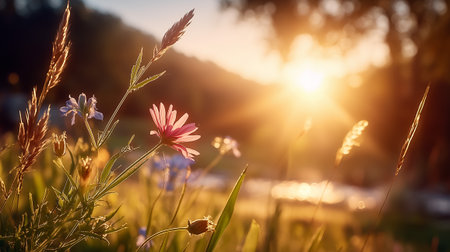 Wildflowers glowing in warm sunlight, creating a serene and peaceful summer atmosphereの素材
