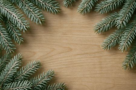 Evergreen branches surround a light wooden surface, creating a natural frame for decorationの素材