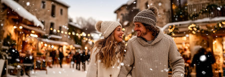 A joyful couple smiling at each other while walking in a snowy holiday marketの素材