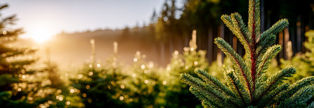 A stunning sunrise illuminating a field of evergreen trees surrounded by soft morning lightの素材