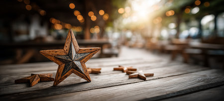 A decorative wooden star sits on a rustic table with blurred lights in the backgroundの素材