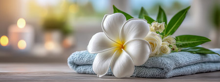 A peaceful spa scene featuring white flowers placed on a soft blue towelの素材