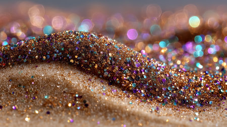 A close-up image showing colorful glitter on a soft surface with a blurred backgroundの素材