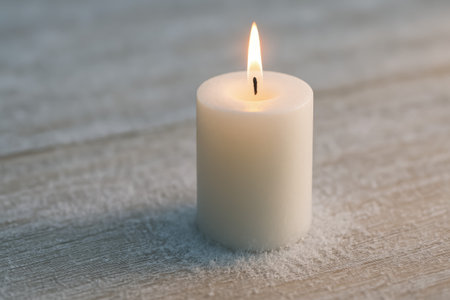 An elegant white candle with a gentle flame on a rustic wooden table settingの素材