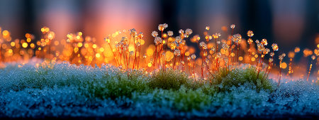 Small plants with dewdrops glowing against a warm, golden background at duskの素材