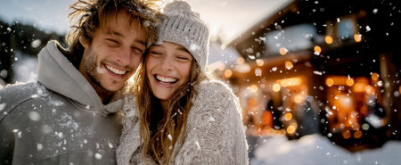 A joyful couple smiling together in the snow, wearing cozy sweaters and enjoying winter funの素材
