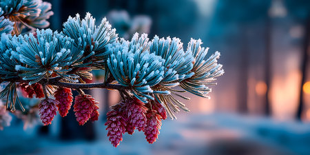 Frost-covered pine cones on evergreen branches create a wintry atmosphere in a forestの素材