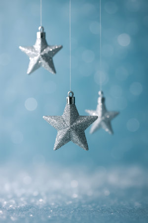 Hanging silver star ornaments shimmer beautifully against a soft blue bokeh backgroundの素材