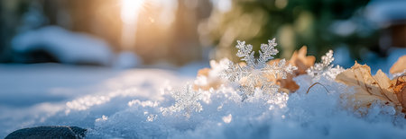 A close-up view of delicate snowflakes resting on snow with vibrant autumn leaves nearbyの素材