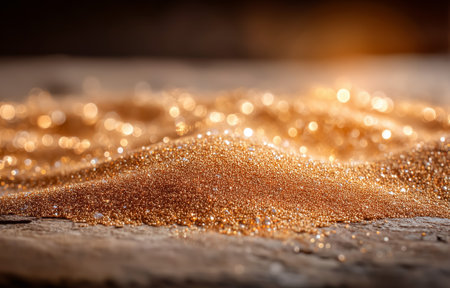 A close-up view of shimmering golden sand featuring a captivating bokeh background effectの素材
