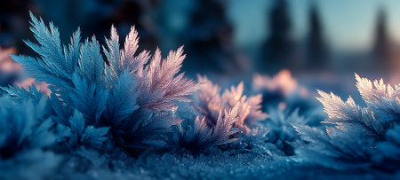 Frosted leaves create a sparkling display in a serene winter landscapeの素材