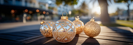 A collection of glimmering golden christmas ornaments on a wooden surface in sunlightの素材