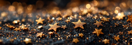 A beautiful arrangement of golden stars sparkling against a dark, shimmering surfaceの素材
