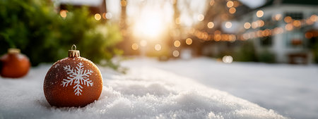 A decorated christmas ornament sits in snow with warm lights glowing in the backgroundの素材