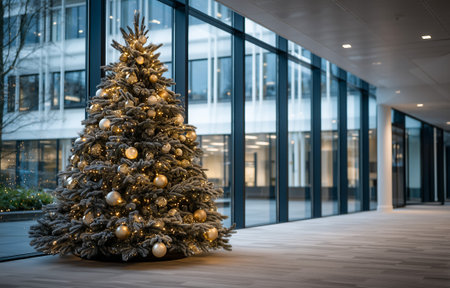 A beautifully decorated Christmas tree with lights and ornaments in a contemporary office spaceの素材