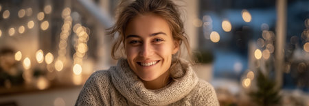 A young woman smiles happily while wearing a cozy sweater with fairy lights in the backgroundの素材