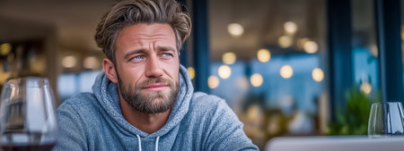 A thoughtful man in a gray hoodie gazes while seated in a cozy cafの素材