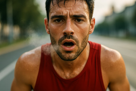 A young, sweaty man in a red tank top looking exhausted after a workout sessionの素材