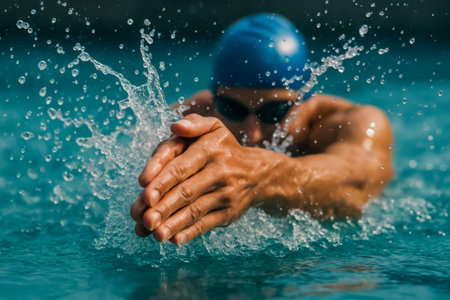 A swimmer executes a strong stroke, creating splashes in a bright blue poolの素材