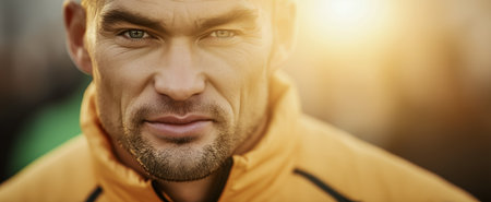 A mature man in a yellow jacket with piercing eyes, standing outdoors in natural lightの素材