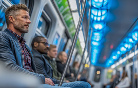 A man sits on the subway, deep in thought, surrounded by other passengersの素材