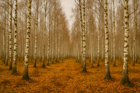 A tranquil birch forest featuring trees and a carpet of golden leavesの素材