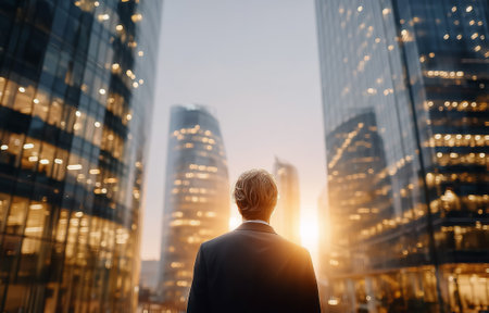 A businessman stands between towering skyscrapers, admiring a stunning sunset viewの素材