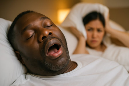 A man snores loudly while a woman looks annoyed and covers her ears in bedの素材