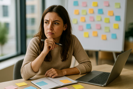 A young woman with a pen, pondering over notes and post-it reminders in an officeの素材