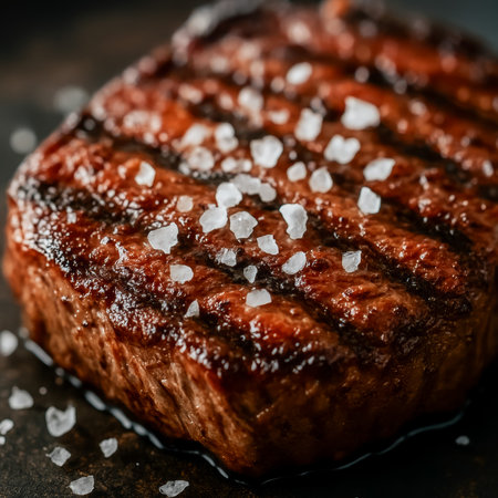 A close-up shot of a grilled steak garnished with salt flakes, showing its textureの素材