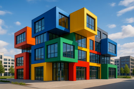 A striking modern building featuring colorful geometric shapes and large windows against a blue skyの素材