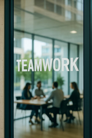 A transparent door with a teamwork sign, showing people collaborating inside an officeの素材