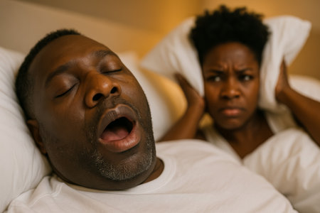 A woman covers her ears, frustrated by her partner's loud snoring in bedの素材