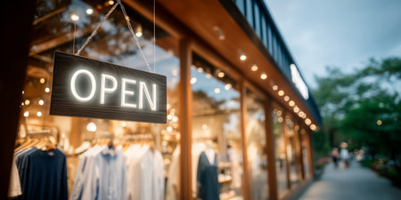 An illuminated open sign hangs outside a clothing store in an inviting evening ambianceの素材
