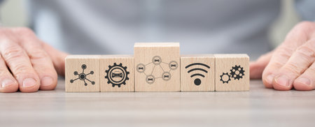Wooden blocks with symbol of connected cars concept