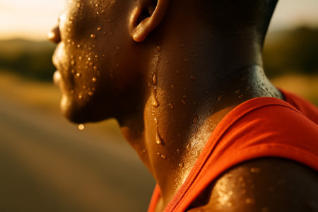 A close-up of a man with sweat on his neck, exercising at sunset on a warm dayの素材