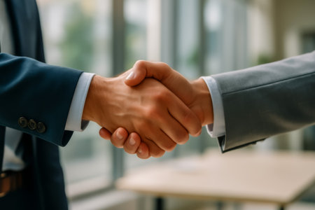 Two business professionals engaged in a handshake, symbolizing agreement and partnership in an office settingの素材