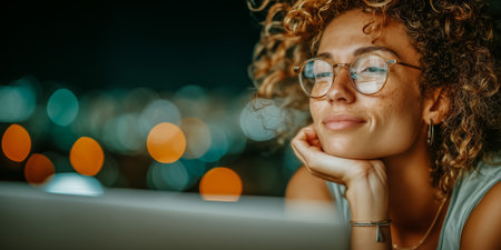 A young woman with curly hair and glasses smiles while lost in thought at nightの素材